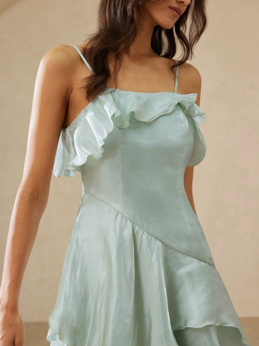 Cadet Blue Romantic Women's Asymmetrical Ruffle Trim Camisole Dress - Picture 3 of 7